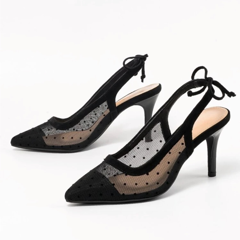 Polkadot mesh black bow detail heels - Picture 4 of 6
